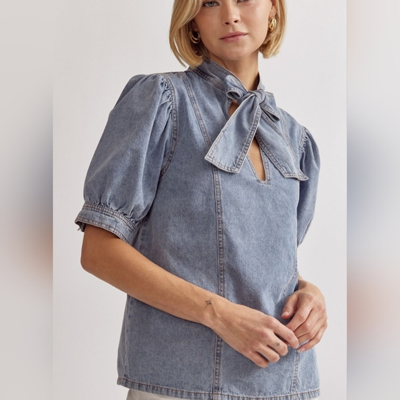 Entro Chambray Denim Puff Sleeve Tie Neck Blouse Top Size XL - Picture 1 of 6